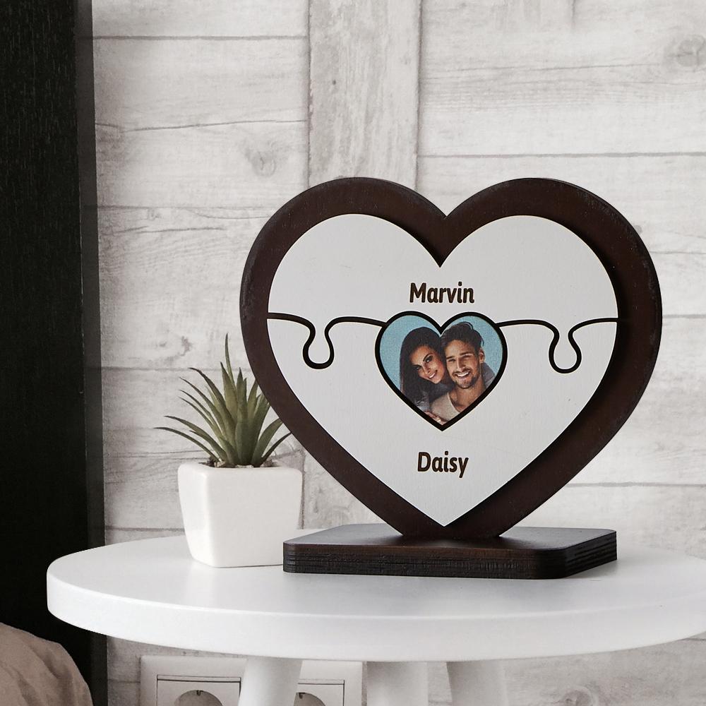 Personalised Name Heart-shaped Wooden Puzzle Decor Custom Photo Wooden Frame