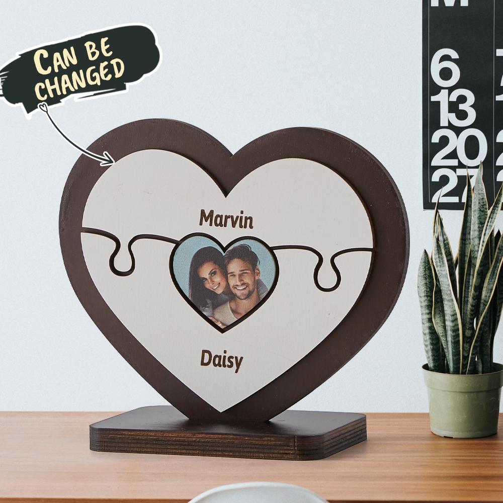 Personalised Name Heart-shaped Wooden Puzzle Decor Custom Photo Wooden Frame