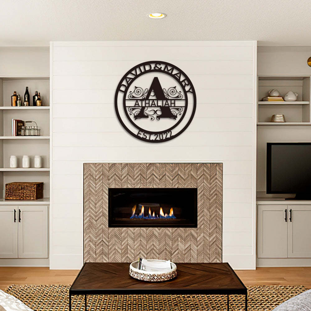 Custom Round Monogram Name Signs Metal Wall Art LED Lights Home Decor Gift - photomoonlamp