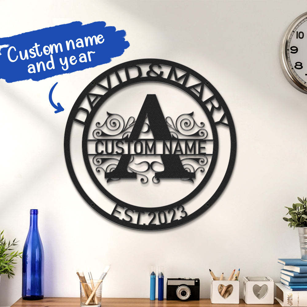 Custom Round Monogram Name Signs Metal Wall Art LED Lights Home Decor Gift - photomoonlamp