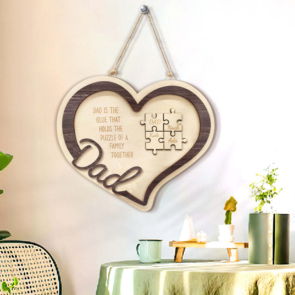Personalized Wooden Heart Puzzle Sign Father's Day Gift for Dad - photomoonlampau