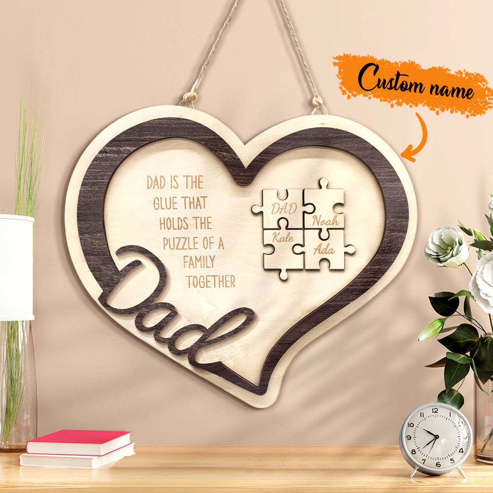 Personalized Wooden Heart Puzzle Sign Father's Day Gift for Dad - photomoonlampau