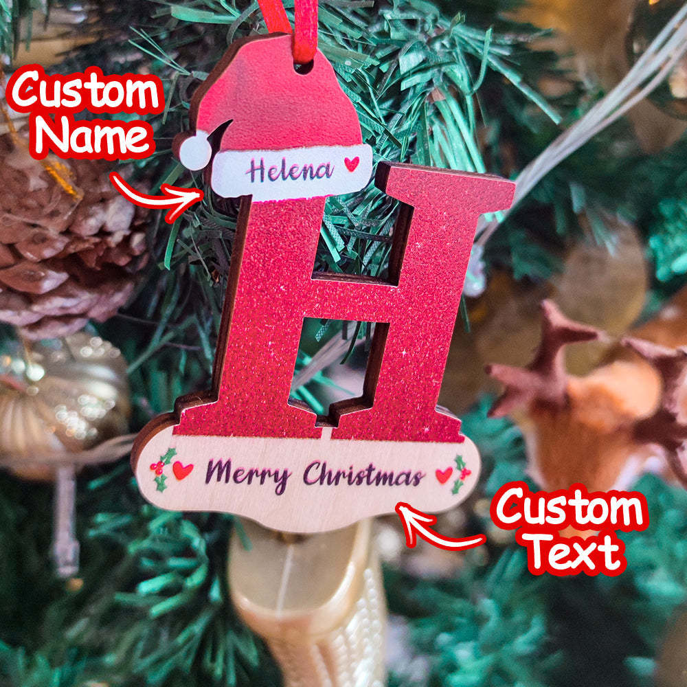Personalized Christmas Letter Ornament with Red Hat Custom Name Christmas Tree Decoration - photomoonlampau