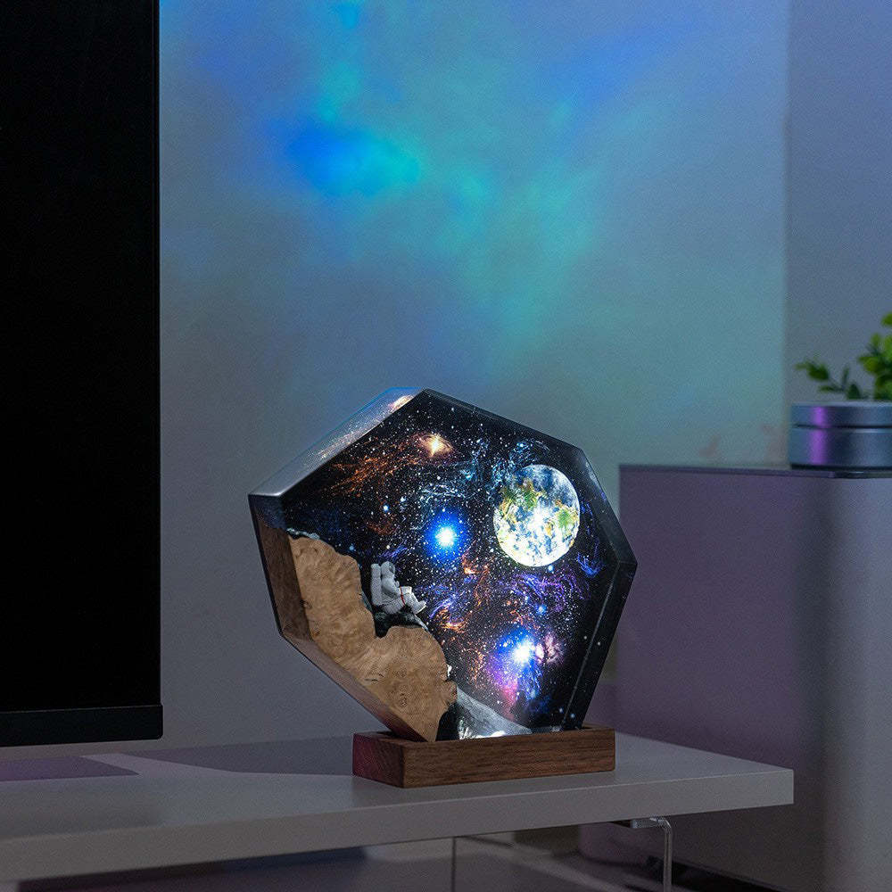 Interstellar Epoxy Lamp Space Galaxy Resin Wood Night Light Astronaut Resin Wood Art Lamp - photomoonlampau