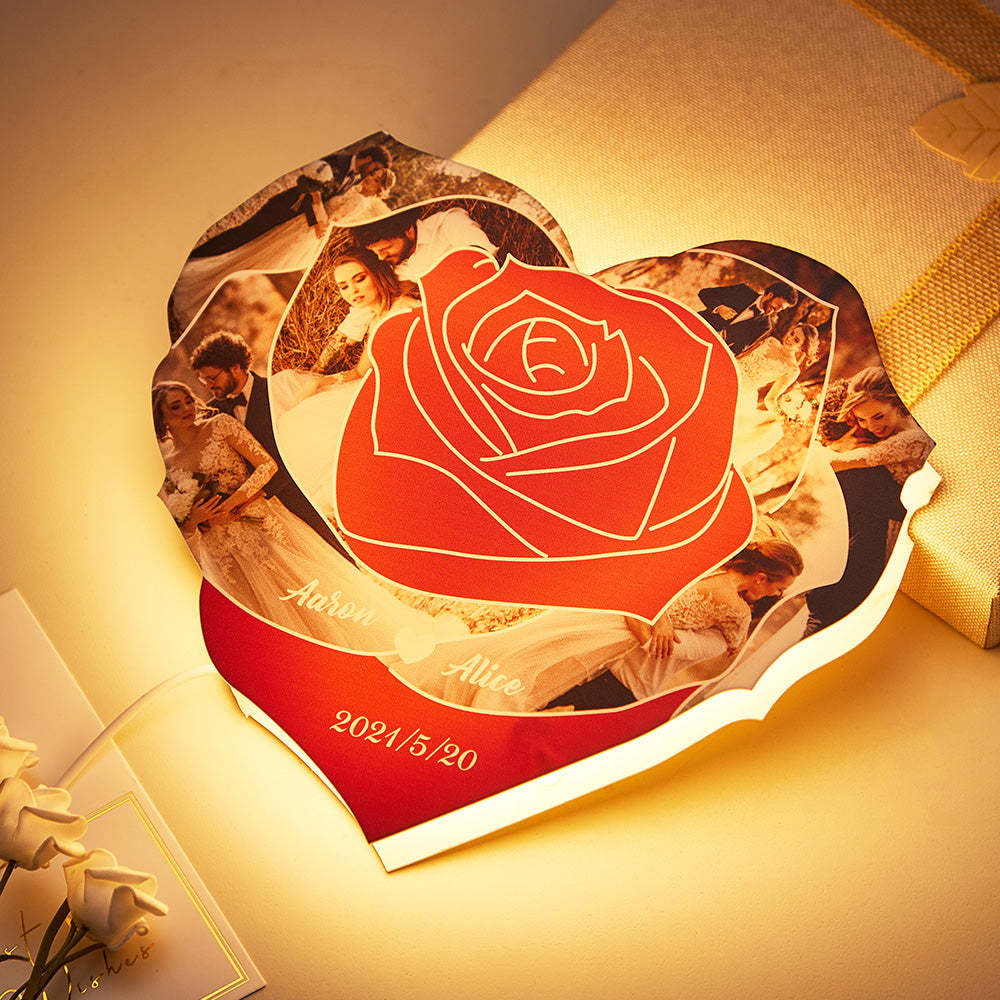 Custom Photo Engraved Night Light Heart Rose Romantic Couple Gifts - photomoonlampau
