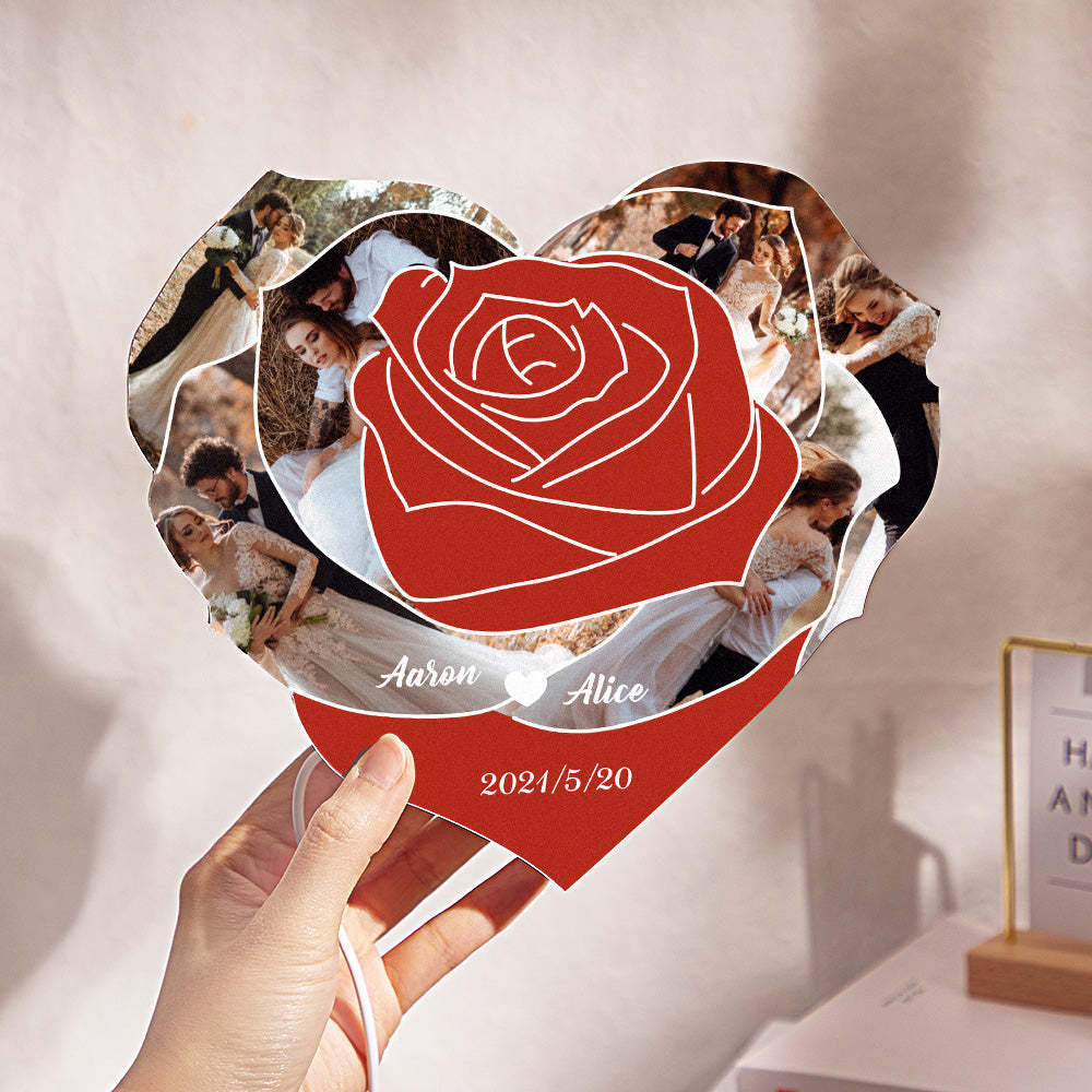 Custom Photo Engraved Night Light Heart Rose Romantic Couple Gifts - photomoonlampau