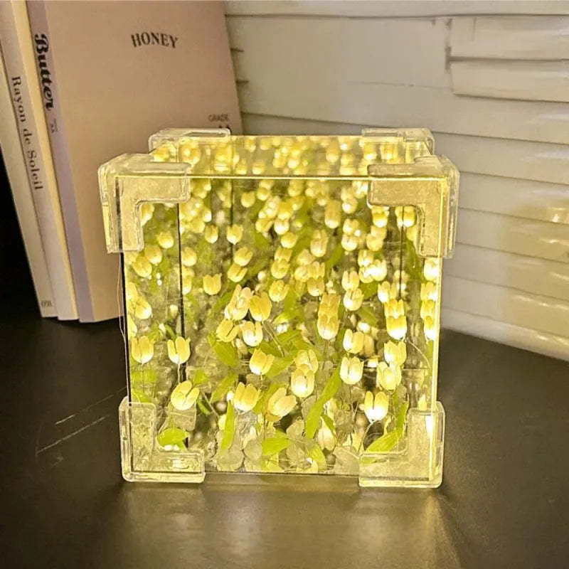 DIY Cloud/Square Tulip Mirror Night Light Simulation Flower Bedroom Sleeping Table Lamp