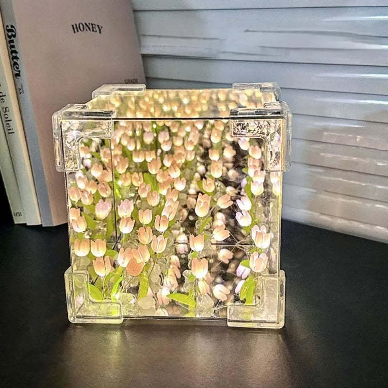 DIY Cloud/Square Tulip Mirror Night Light Simulation Flower Bedroom Sleeping Table Lamp