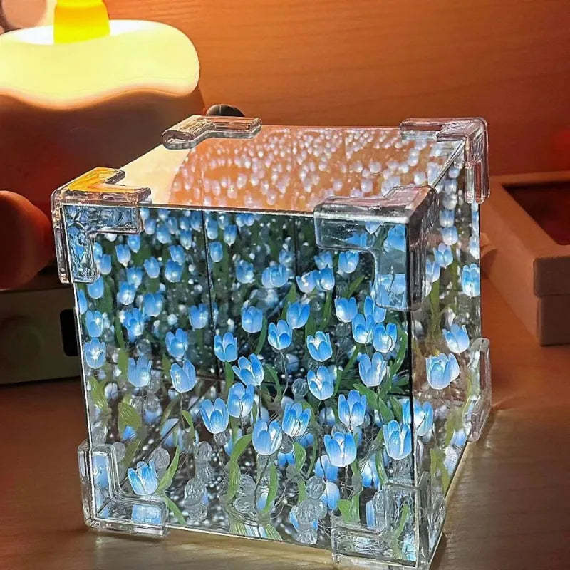 DIY Cloud/Square Tulip Mirror Night Light Simulation Flower Bedroom Sleeping Table Lamp
