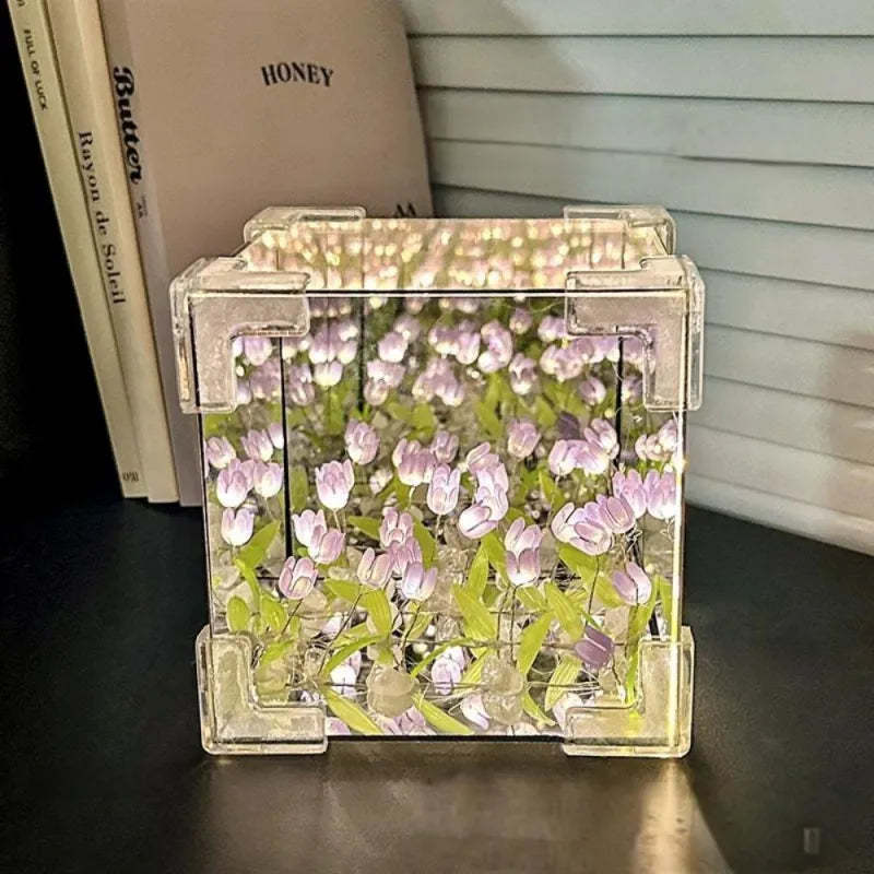 DIY Cloud/Square Tulip Mirror Night Light Simulation Flower Bedroom Sleeping Table Lamp