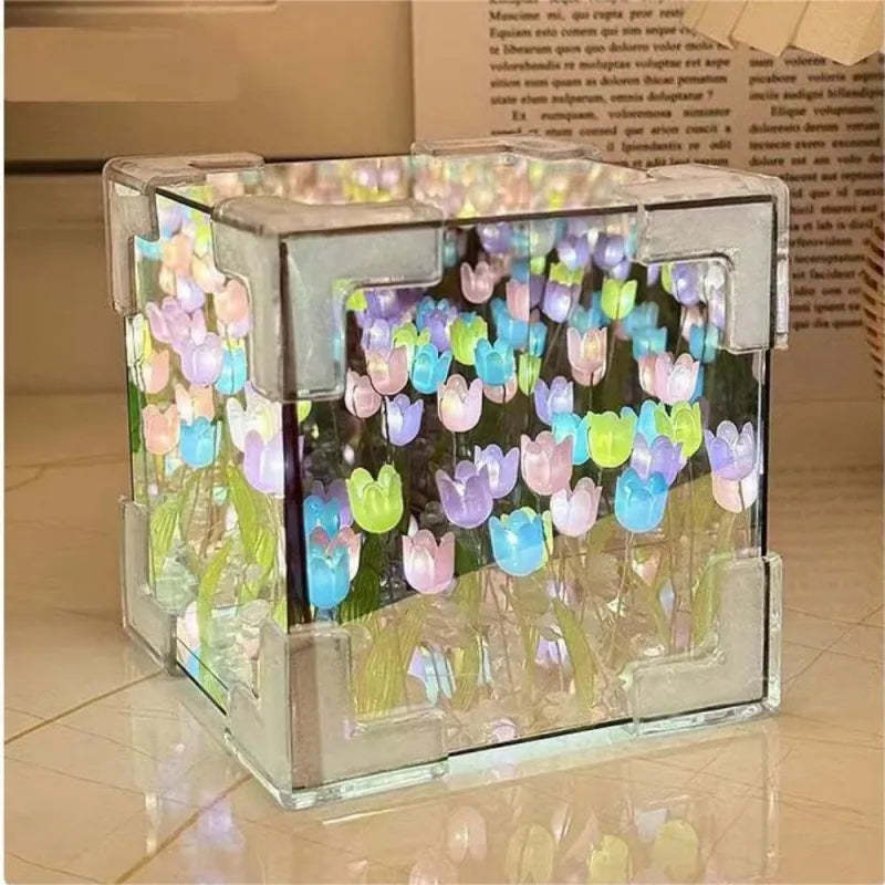DIY Cloud/Square Tulip Mirror Night Light Simulation Flower Bedroom Sleeping Table Lamp
