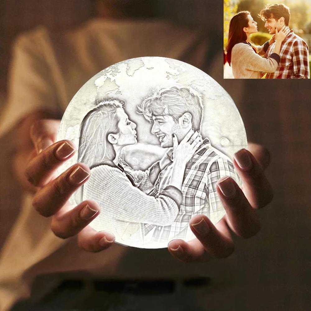 Custom Engraved 3D Printing Photo Earth Lamp | Touch to Convert 2 Colors - photomoonlampau