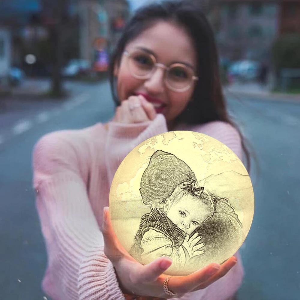 Custom Engraved 3D Printing Photo Earth Lamp | Tap to Convert 3 Colors - photomoonlampau