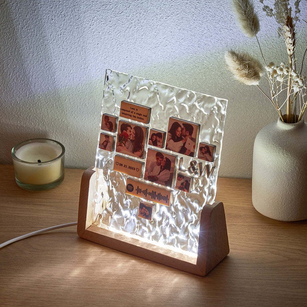 Custom Heart-Shaped Photo Frame Night Light Personalised Spotify Code Wooden Accessory Valentine's Day Gift for Couples - photomoonlampau