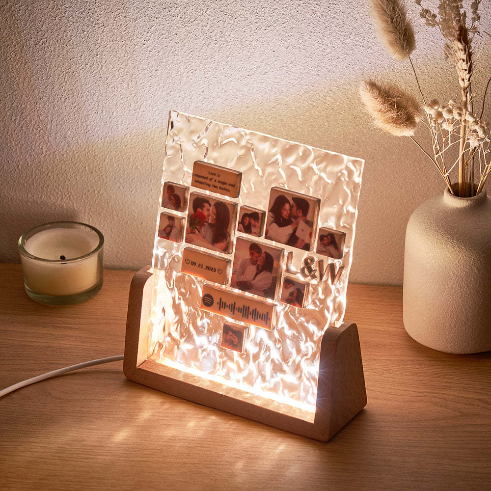 Custom Heart-Shaped Photo Frame Night Light Personalised Spotify Code Wooden Accessory Valentine's Day Gift for Couples - photomoonlampau