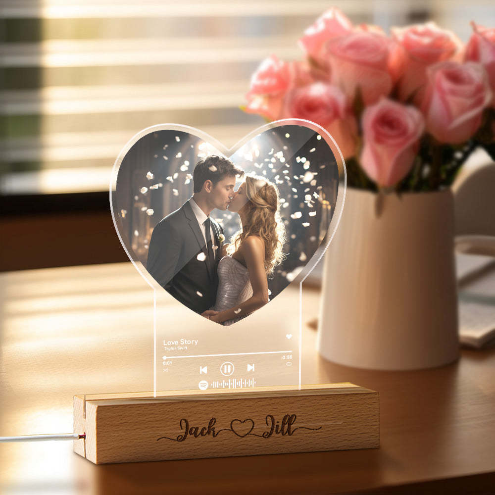 Personalized Photo Heart Shaped Acrylic Lamp Custom Night Light with Engraved Wood Base Gift for Couple - photomoonlampau