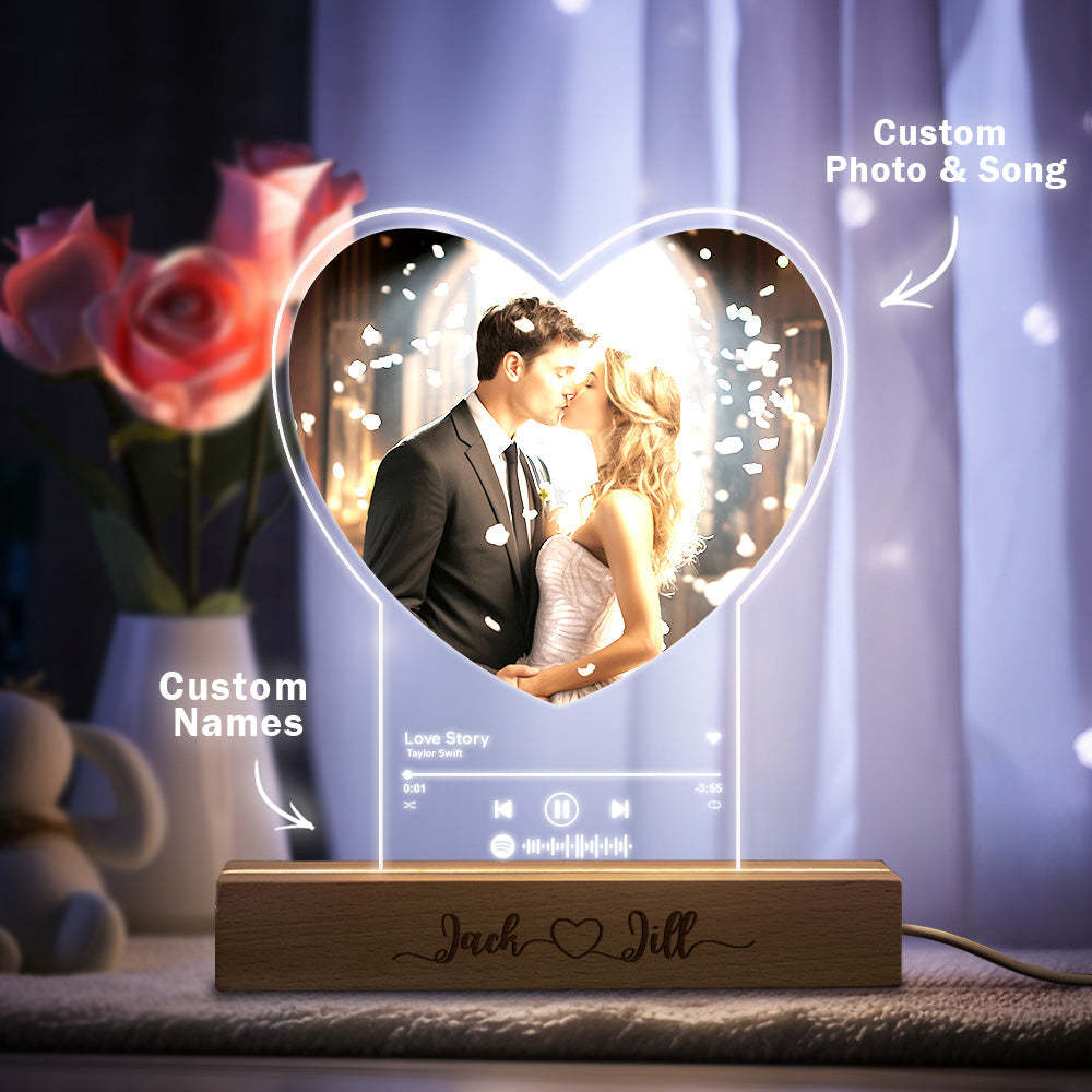 Personalized Photo Heart Shaped Acrylic Lamp Custom Night Light with Engraved Wood Base Gift for Couple - photomoonlampau
