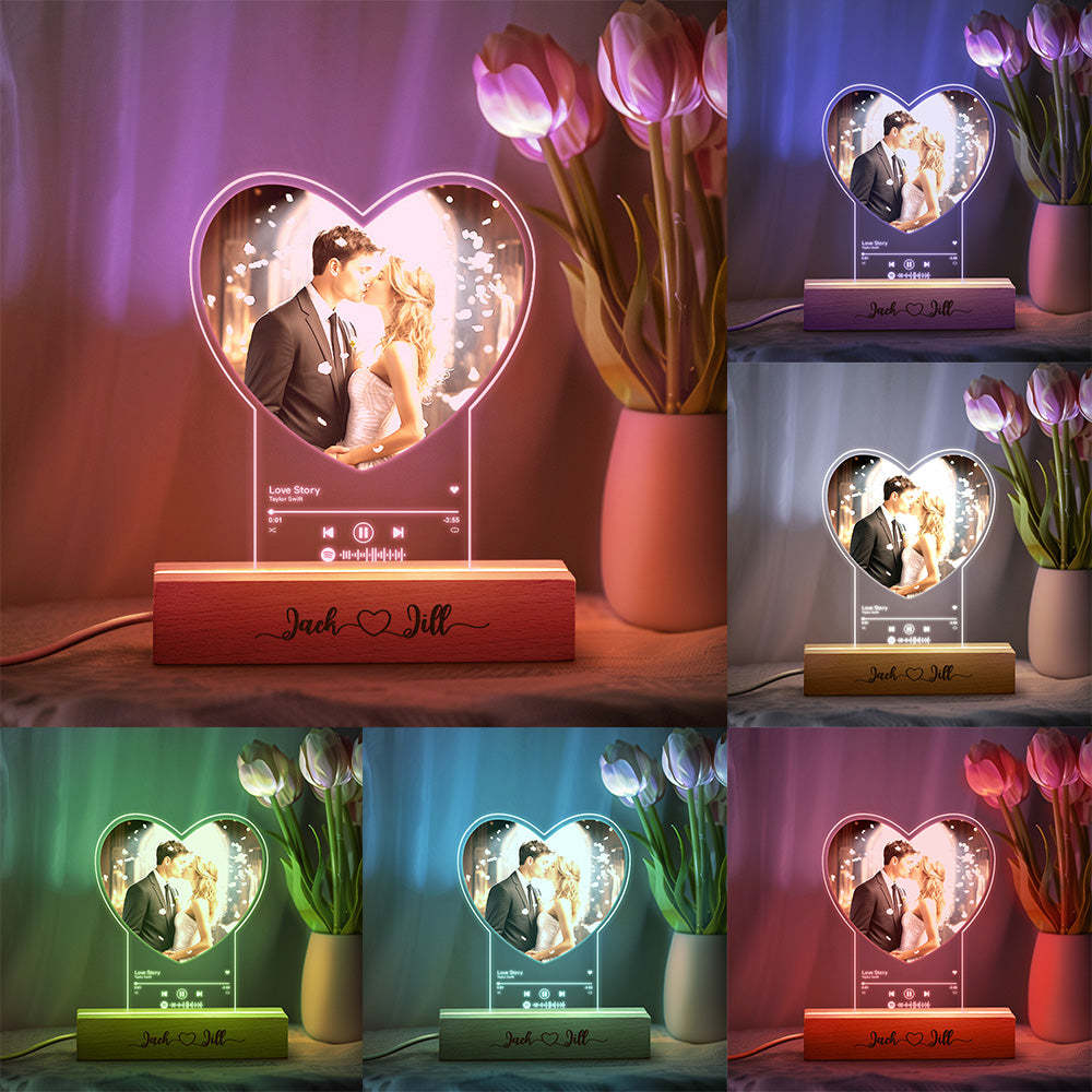 Personalized Photo Heart Shaped Acrylic Lamp Custom Night Light with Engraved Wood Base Gift for Couple - photomoonlampau