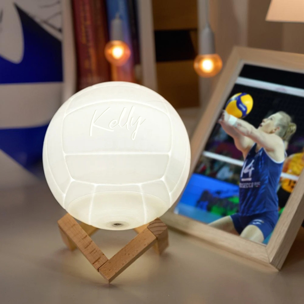 Personalized Name 3D Volleyball Night Light with Remote, Table Light Lamp with Wooden Base, Sports Decor for Room, Gift for Volleyball Lovers/Players - photomoonlampau