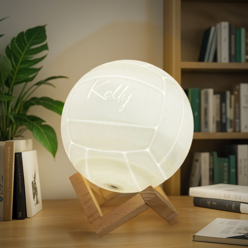Personalized Name 3D Volleyball Night Light with Remote, Table Light Lamp with Wooden Base, Sports Decor for Room, Gift for Volleyball Lovers/Players - photomoonlampau