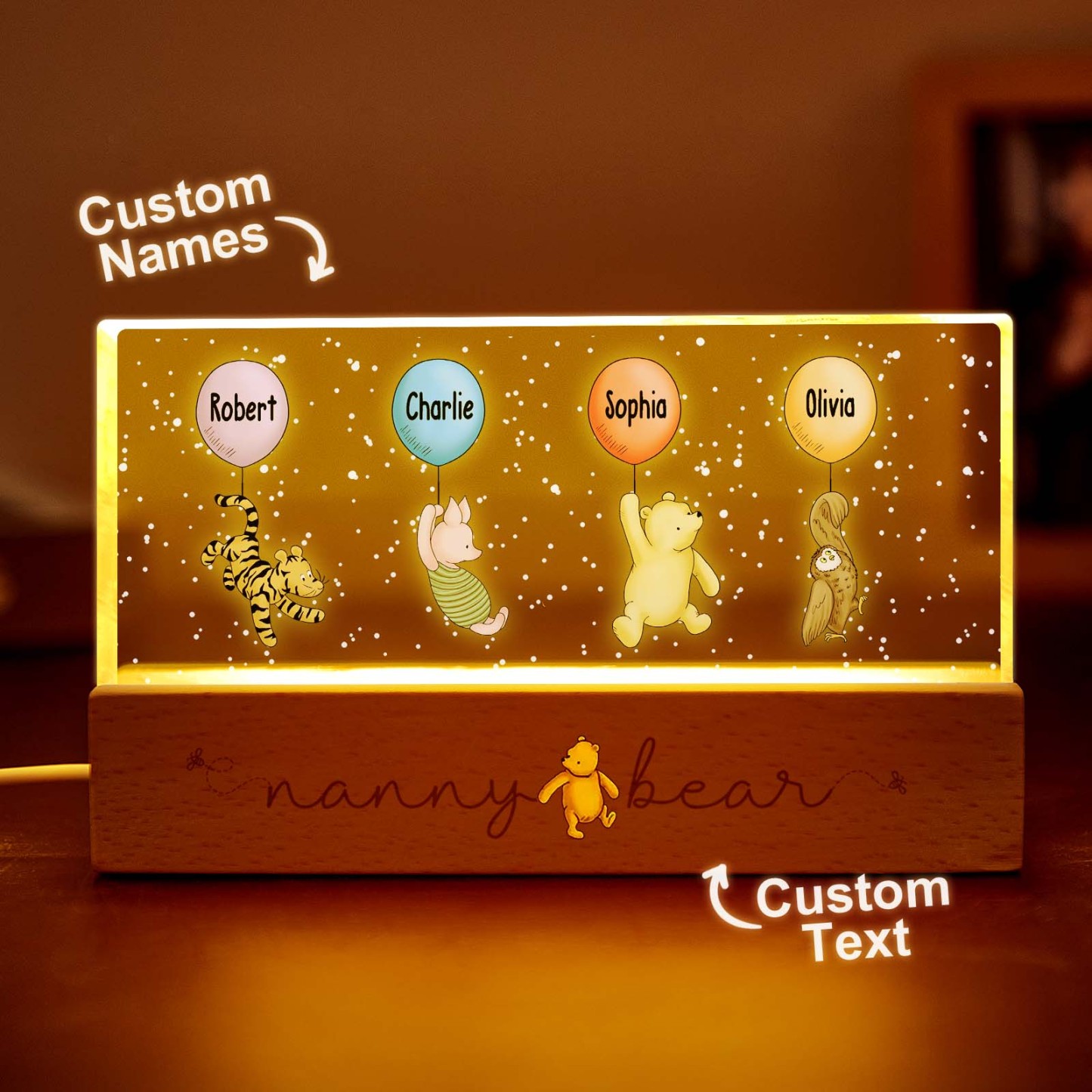 Grandma's Grandkids Cute Characters With Balloons Personalized Acrylic Block LED Night Light
