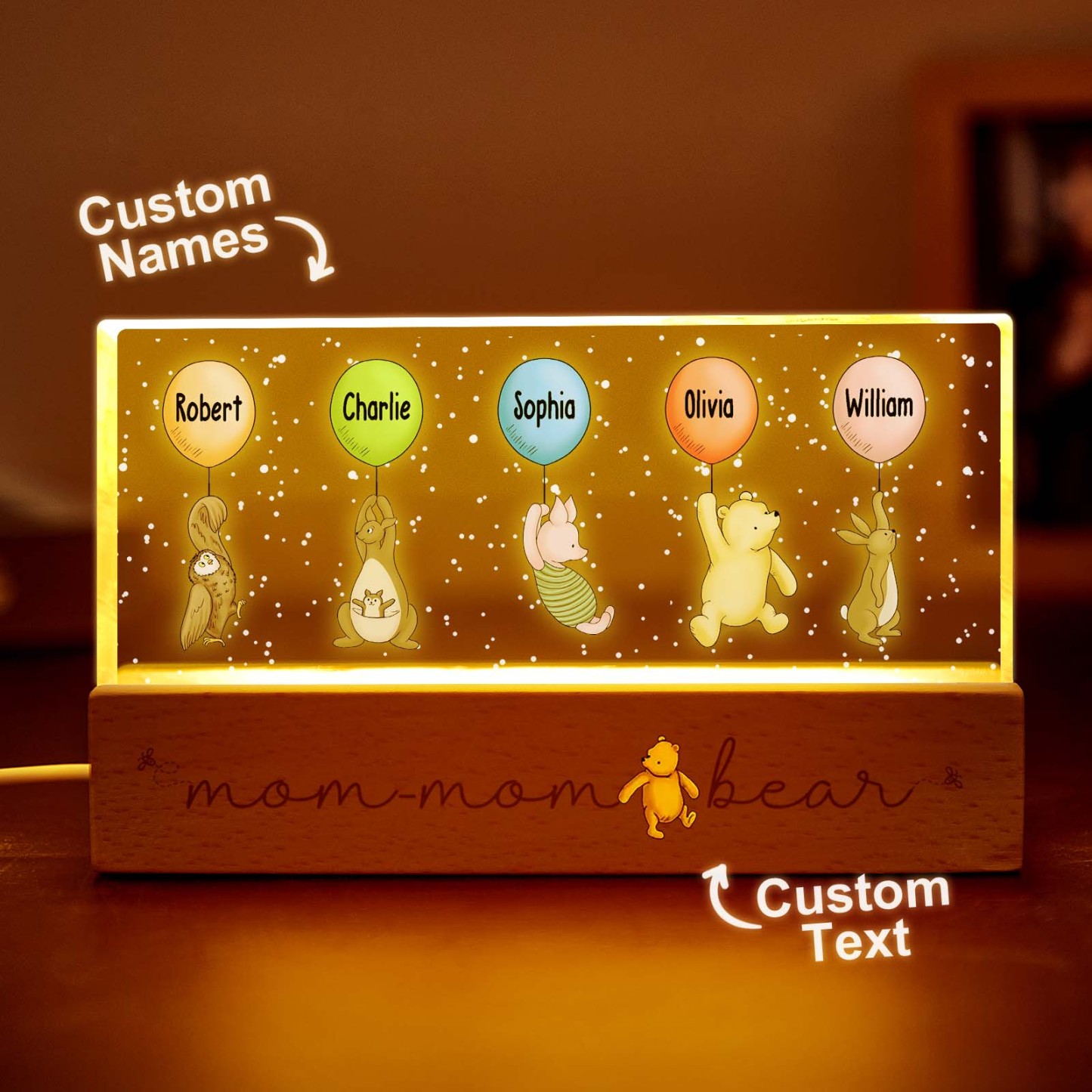 Grandma's Grandkids Cute Characters With Balloons Personalized Acrylic Block LED Night Light
