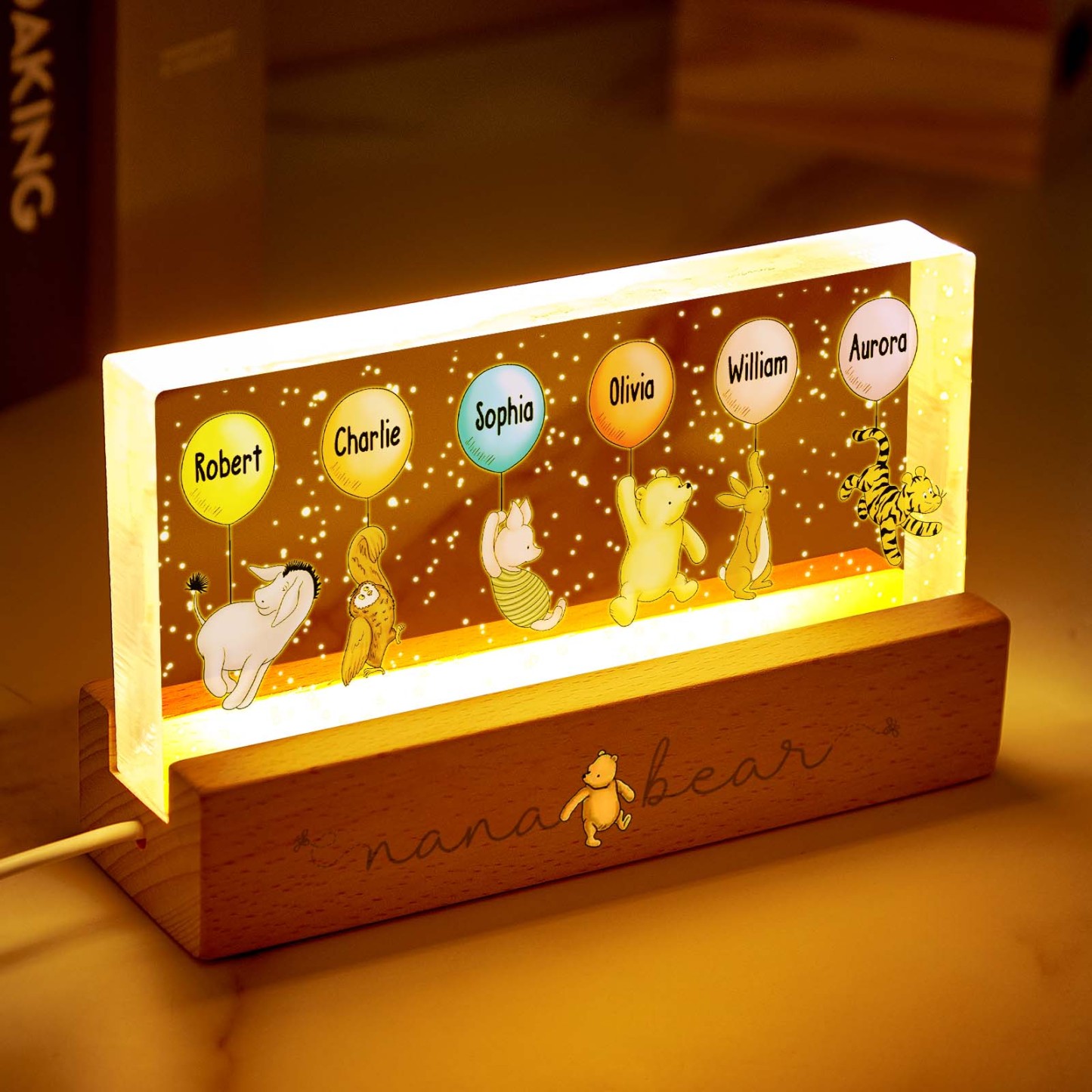 Grandma's Grandkids Cute Characters With Balloons Personalized Acrylic Block LED Night Light