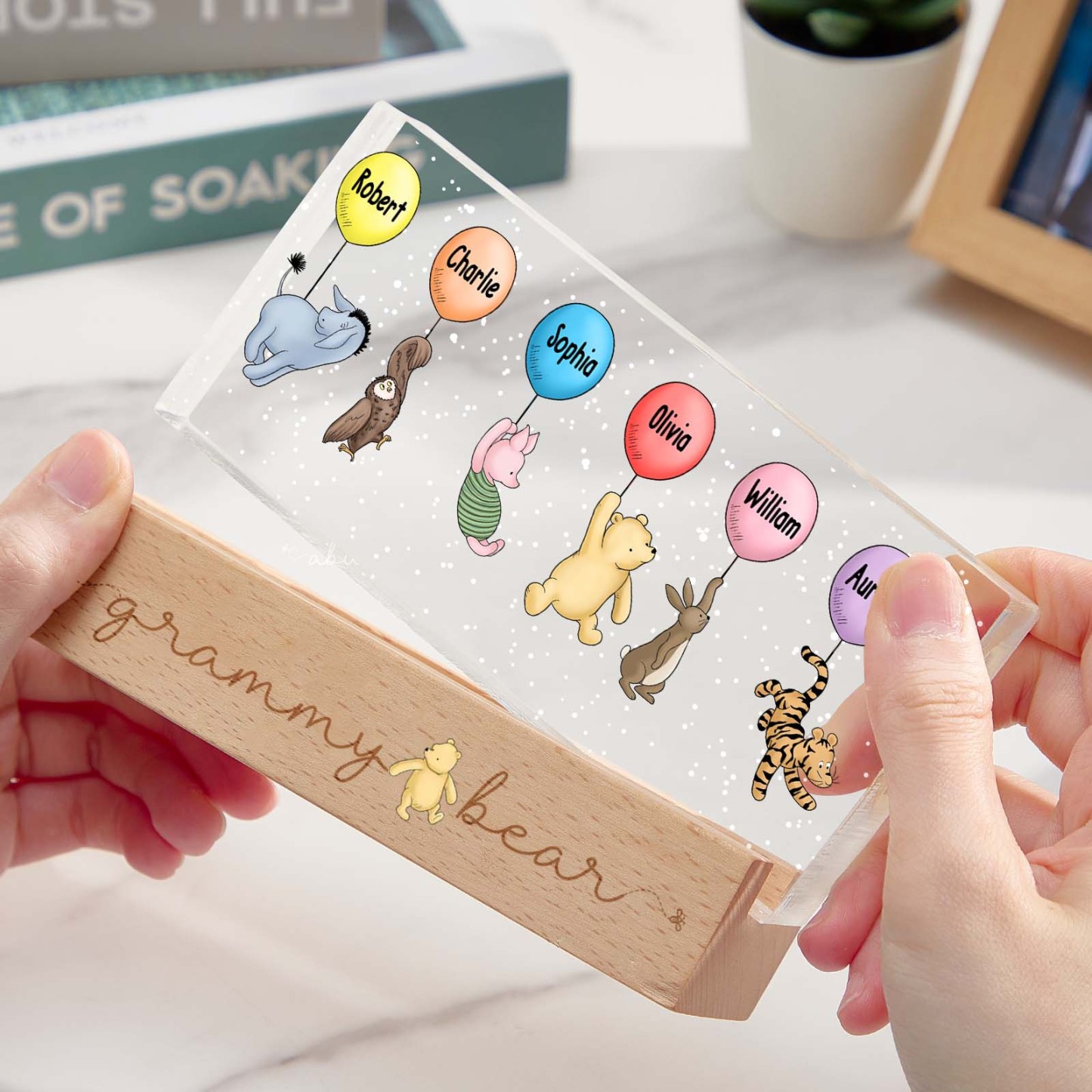 Grandma's Grandkids Cute Characters With Balloons Personalized Acrylic Block LED Night Light