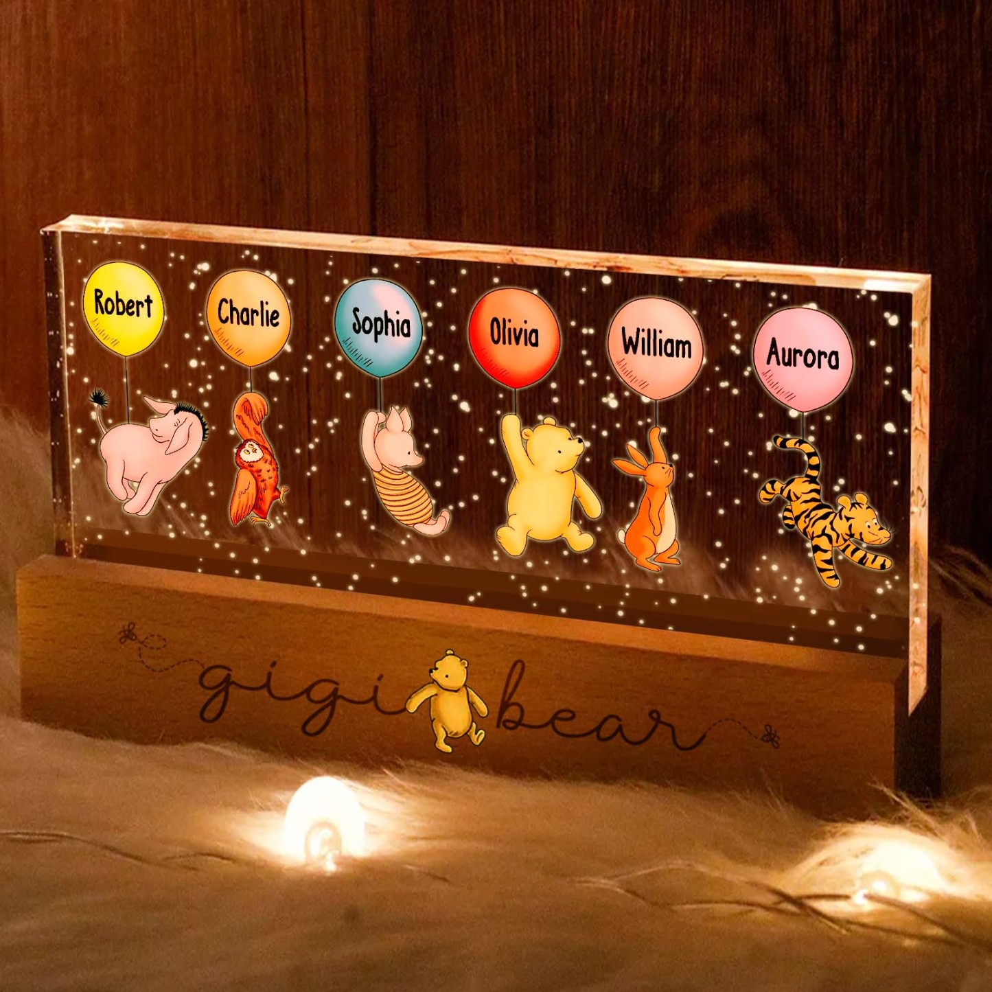 Grandma's Grandkids Cute Characters With Balloons Personalized Acrylic Block LED Night Light