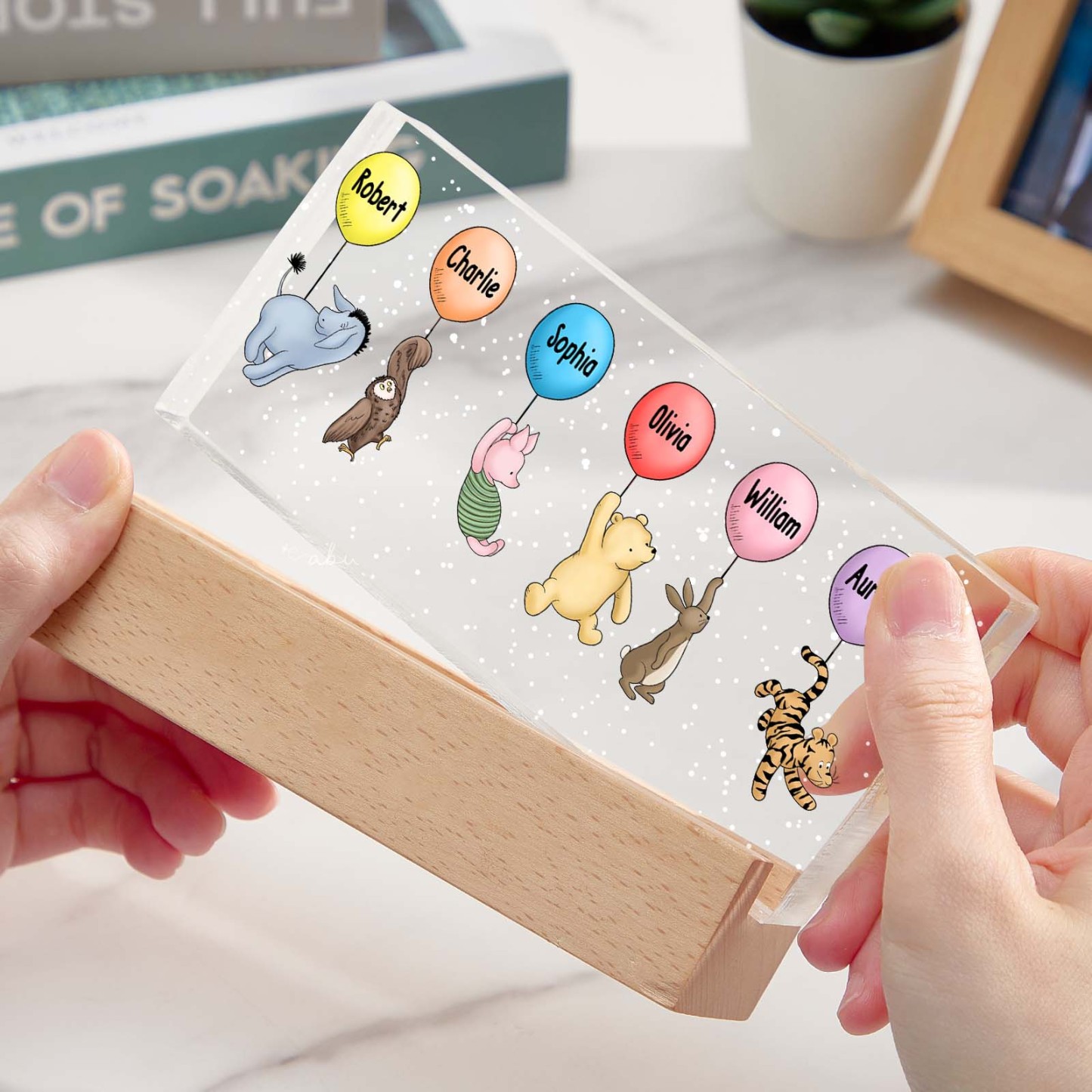 Grandma's Grandkids Cute Characters With Balloons Personalized Acrylic Block LED Night Light
