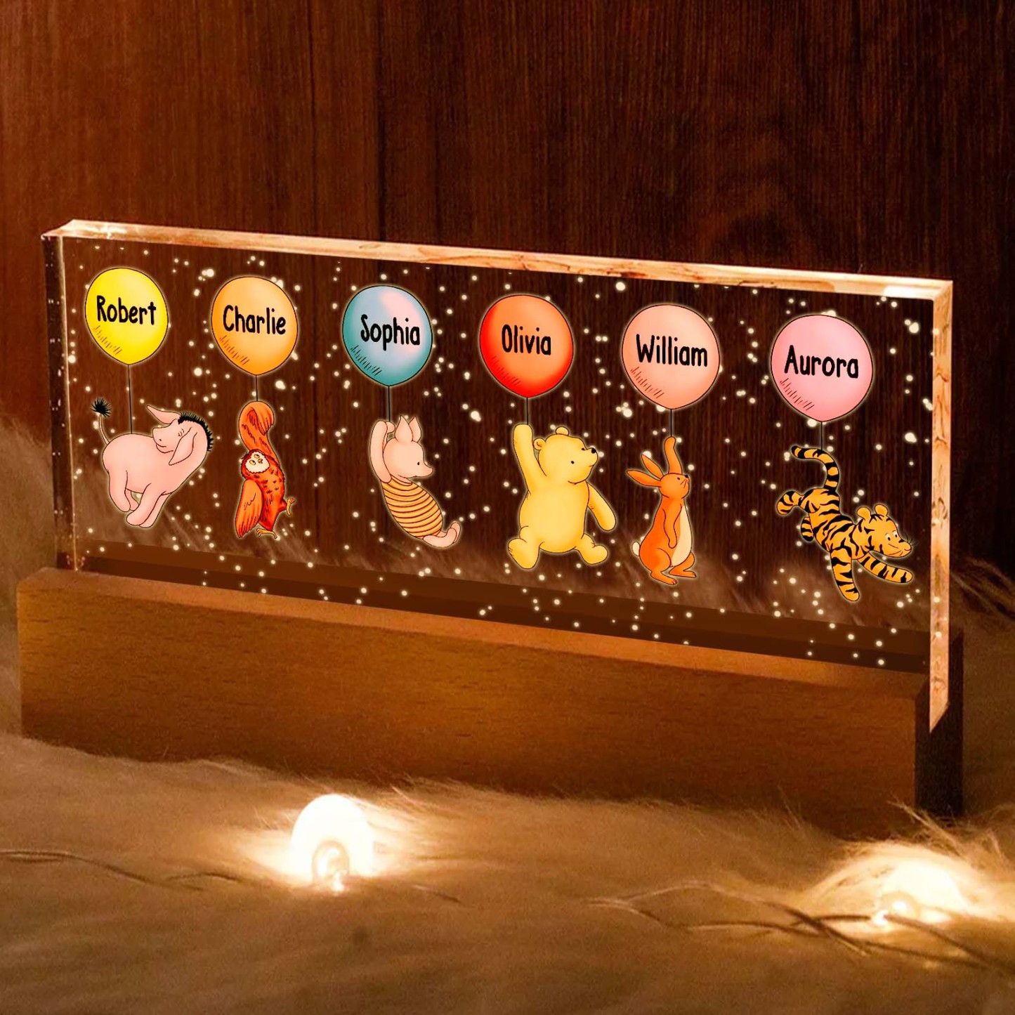 Grandma's Grandkids Cute Characters With Balloons Personalized Acrylic Block LED Night Light