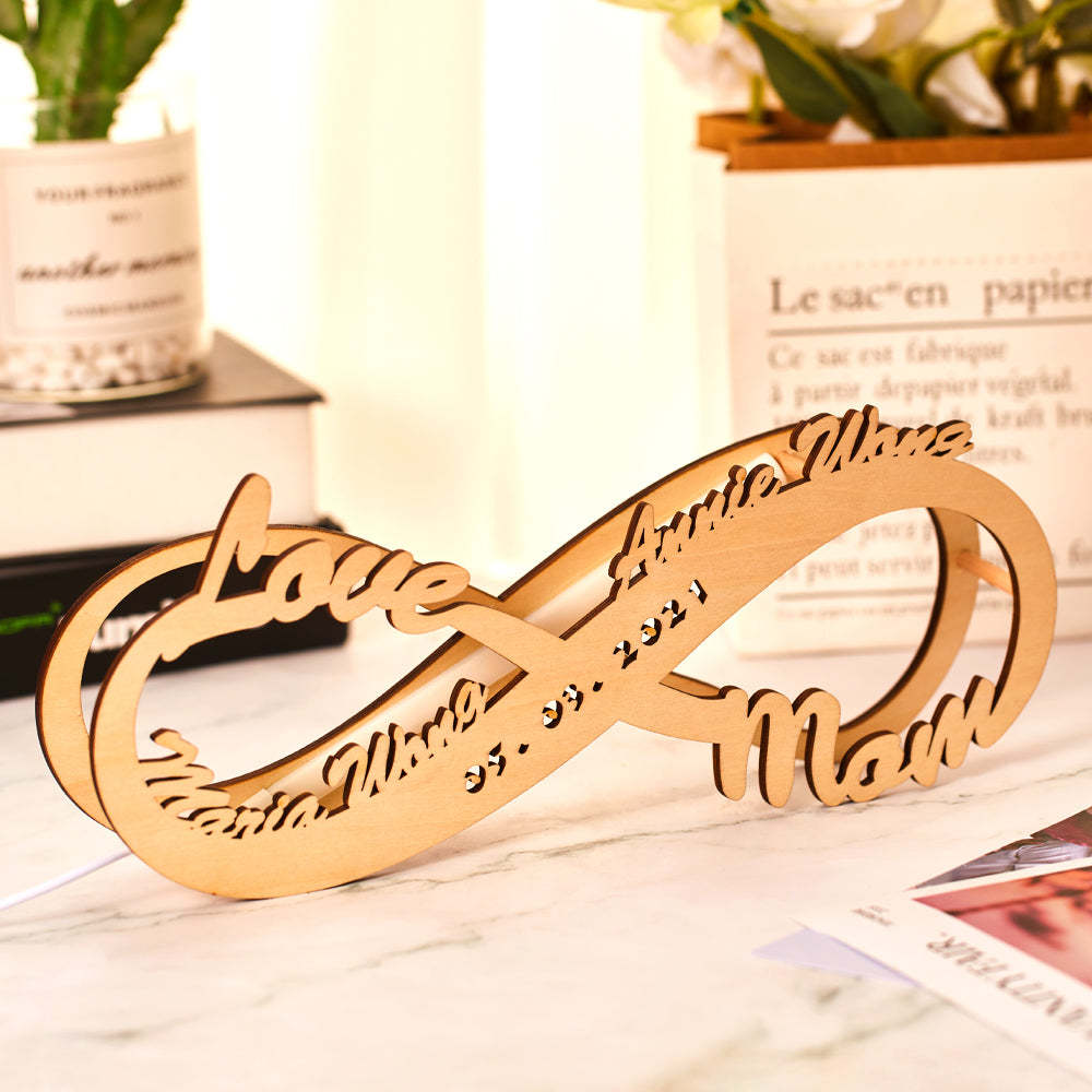 Personalised Name Light Custom Lamp Engraved Wood Nightlight Infinity Love Gift for Her Gift For Mom Gift For Dad