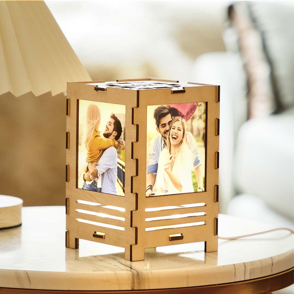 Custom Four-sided Photos Wooden Lamp Table Night Light Decoration Gift for Lover - photomoonlampau