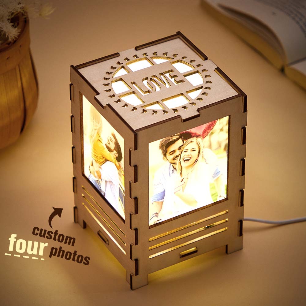 Custom Four-sided Photos Wooden Lamp Table Night Light Decoration Gift for Lover - photomoonlampau