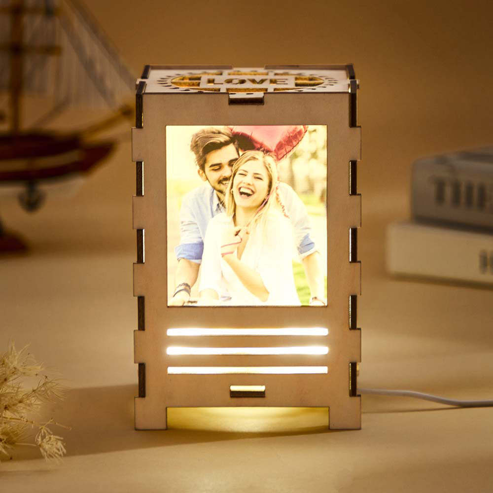 Custom Four-sided Photos Wooden Lamp Table Night Light Decoration Gift for Lover - photomoonlampau