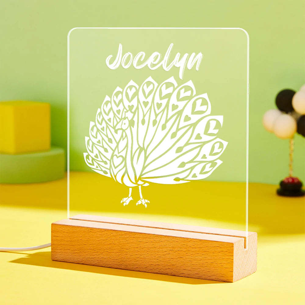 Custom Engraved Peacock Night Light LED Acrylic Night Light Bedroom Decor Gift for Kids - photomoonlampau