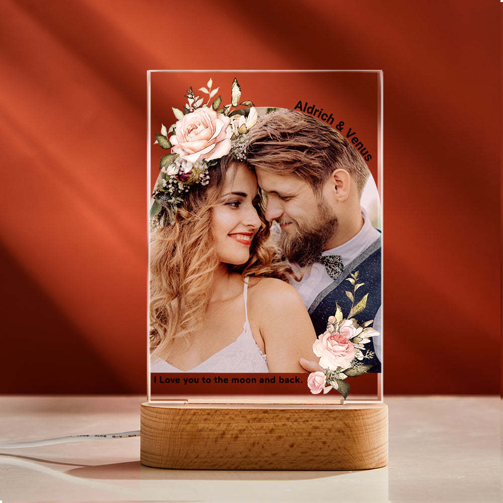 Custom Photo Print with Flowers Colorful Lamp Personalized Acrylic Night Light Engagement Gift - photomoonlampau