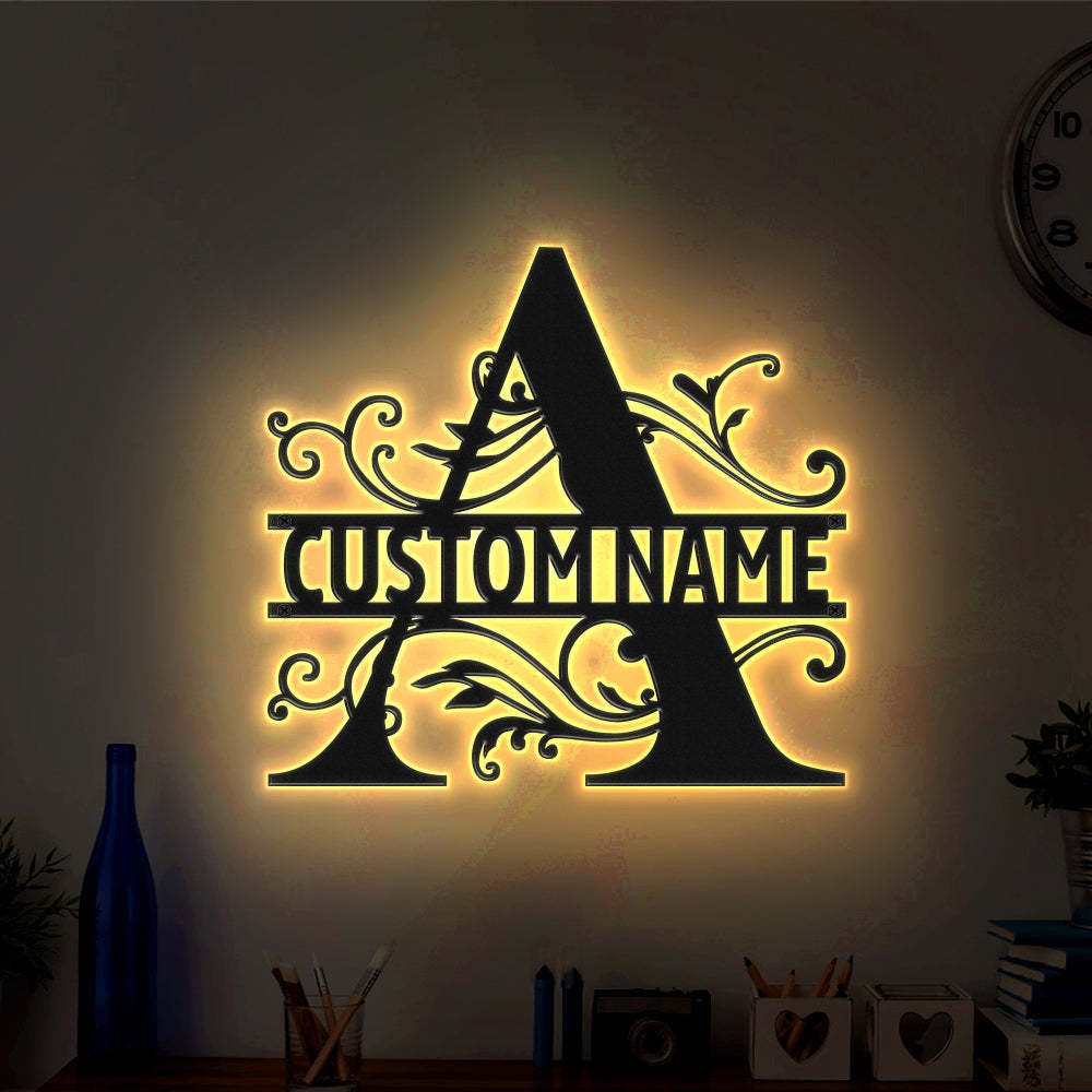 Custom Monogram Name Signs Metal Wall Art LED Lights Home Decor Gift - photomoonlamp