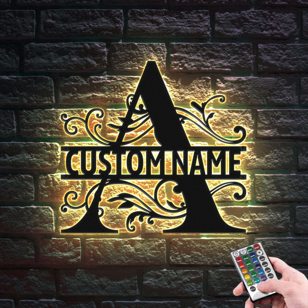 Custom Monogram Name Signs Metal Wall Art LED Lights Home Decor Gift - photomoonlamp