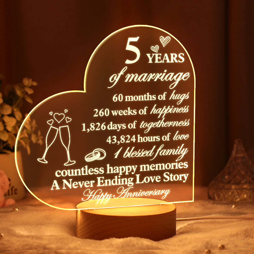 Personalised Anniversary Wedding Night Light Heart Shaped Acrylic Lamp Gifts for Wife Husband - photomoonlampau