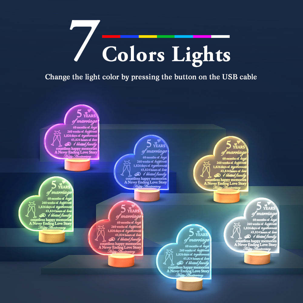 Personalised Anniversary Wedding Night Light Heart Shaped Acrylic Lamp Gifts for Wife Husband - photomoonlampau