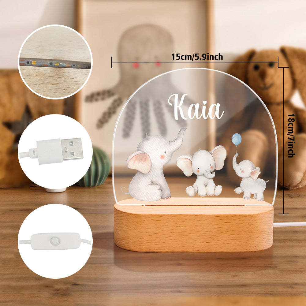 Personalized Name Baby Elephant Night Light Custom Name Nursery Room Lamp Gift For Kids - photomoonlampau
