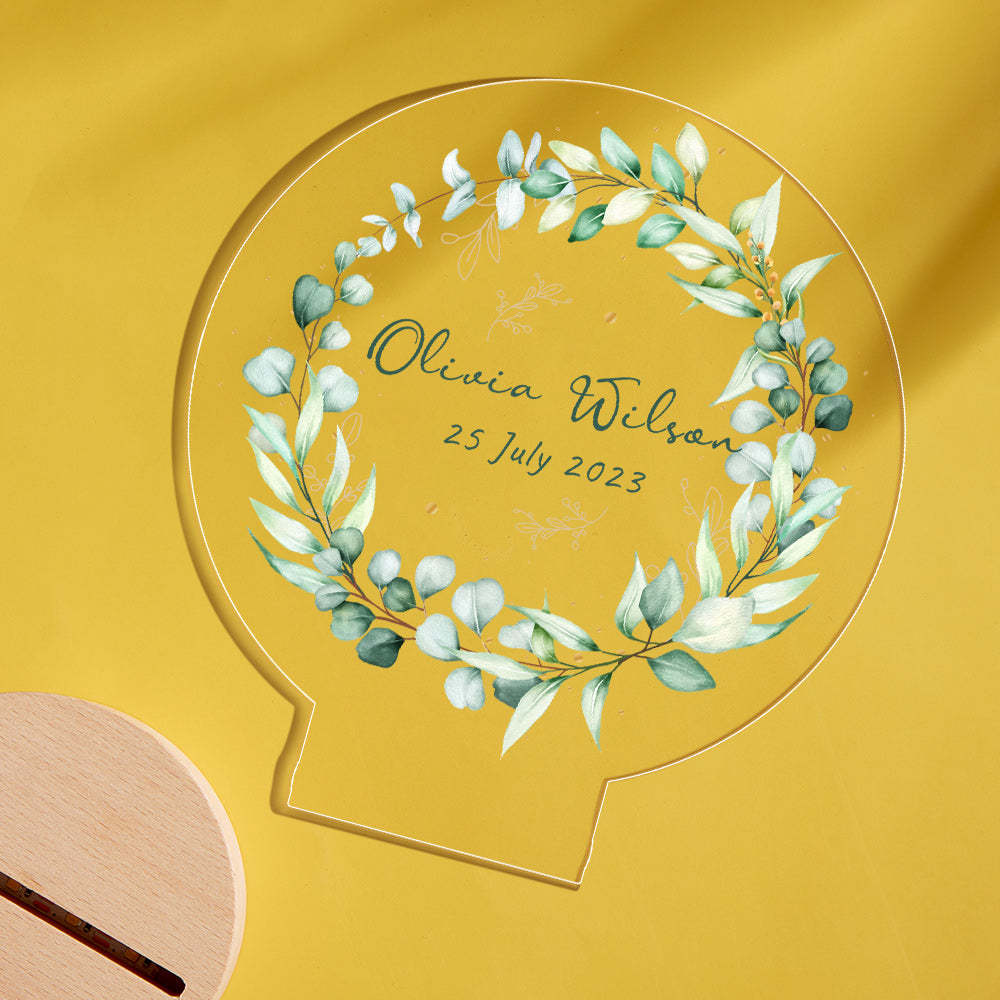 Personalized Baby Name Night Light Custom Green Wreath Baby Room Decor - photomoonlampau