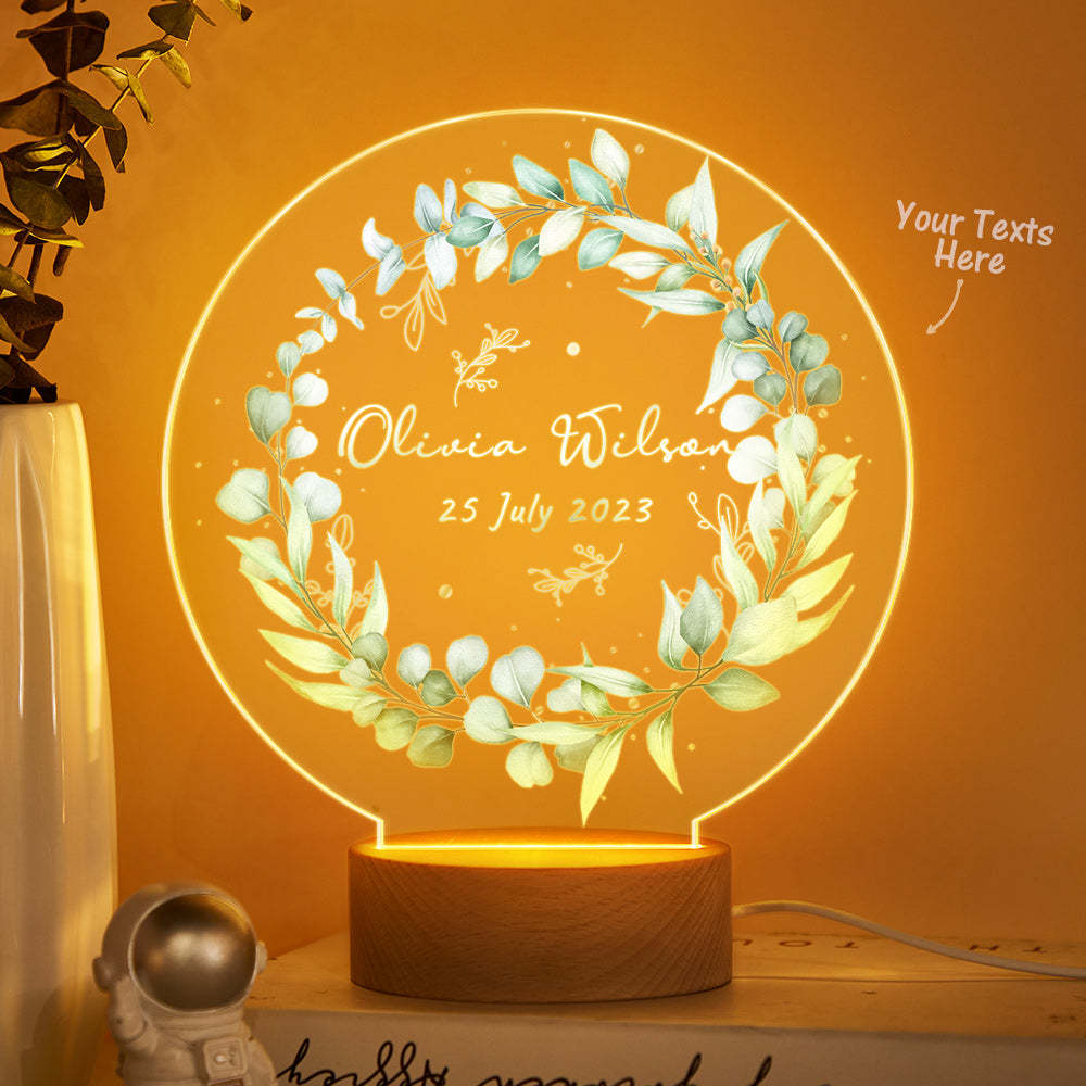 Personalized Baby Name Night Light Custom Green Wreath Baby Room Decor - photomoonlampau