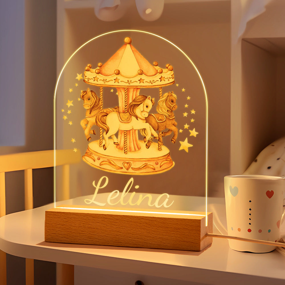 Custom Name Nursery Night Light Personalised Pink Horse Carousel For Newborn Night Light baby Birthday Gift