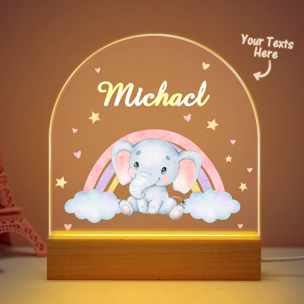 Custom Name Elephant Kids Bedside Lamp Personalised Animal Acrylic LED Night Light Gift Wooden Base Baby Gift