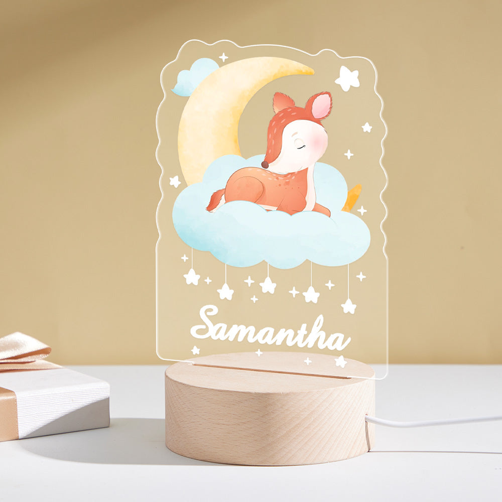 Personalized Baby Name Night Light Custom Cute Deer Sleeping On The Moon Bedside Lamp