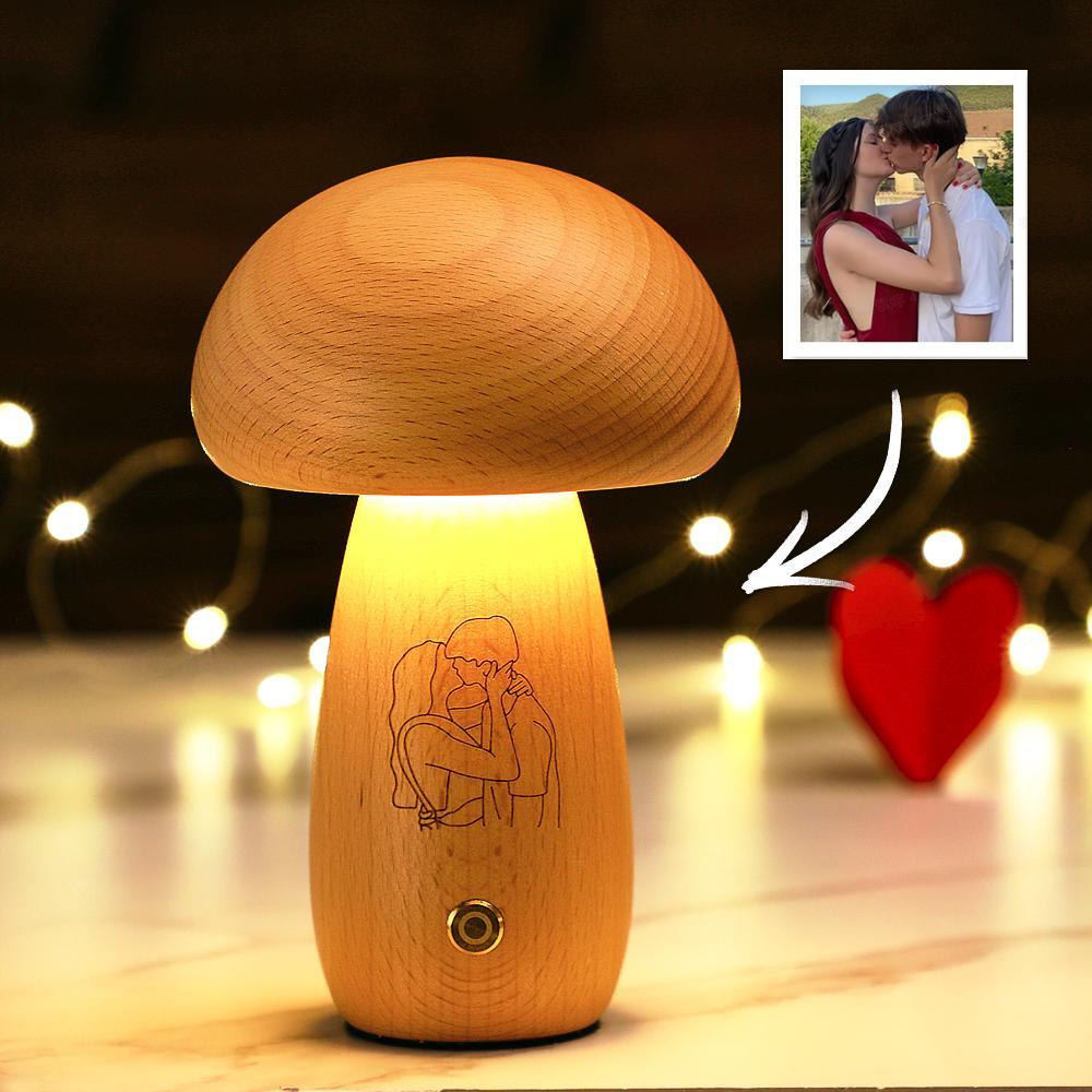 Real Handmade Solid Wood Mushroom Lamp Bedside Ambient Mushroom Night light Cute Little Mushroom Customize photo Gift for Family - photomoonlampau