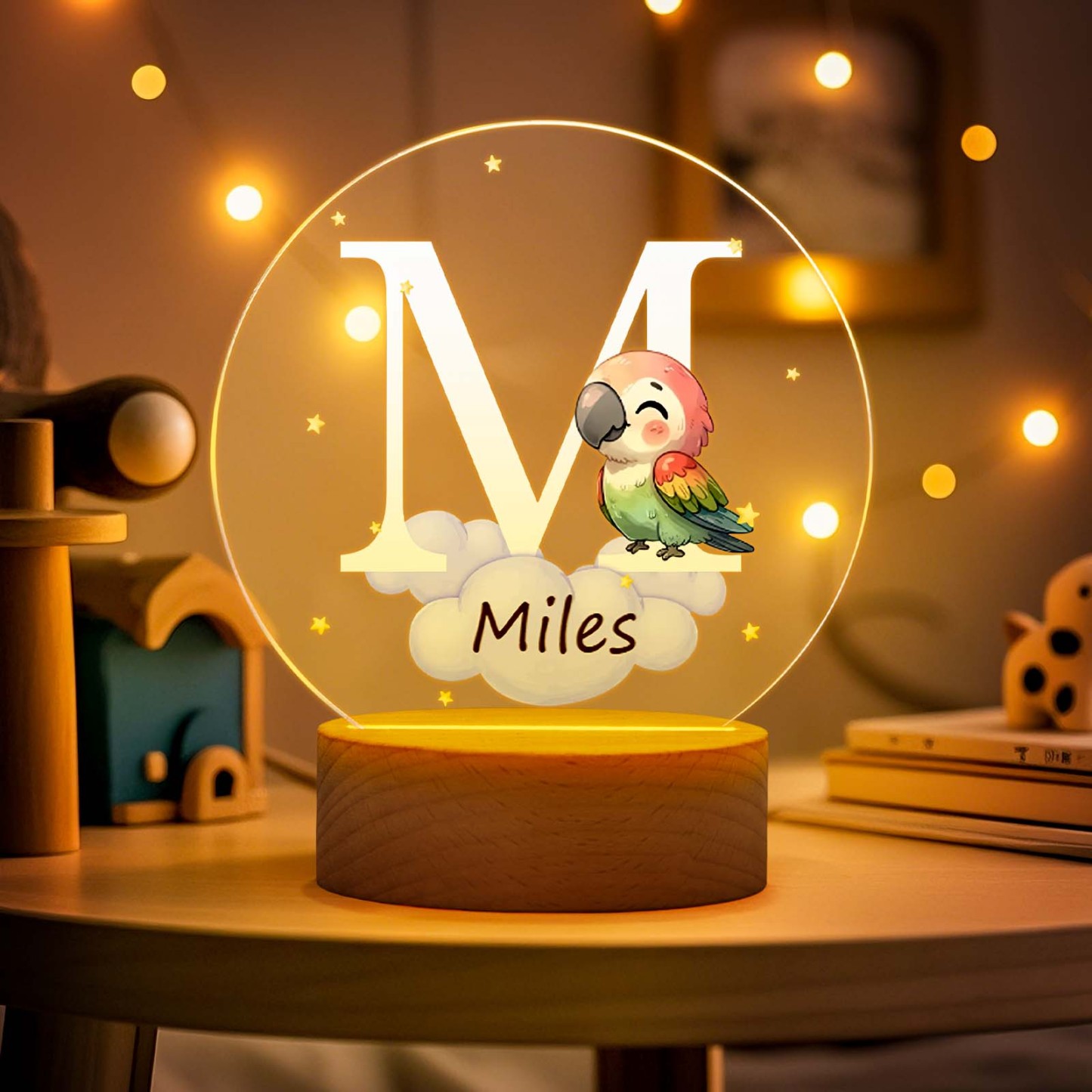 Personalized Fantasy Star Cloud Cute Forest Animal Initial Name LED Night Light with Wooden Base Nursery Decor Birthday Baby Shower Gift for Kids - photomoonlampau