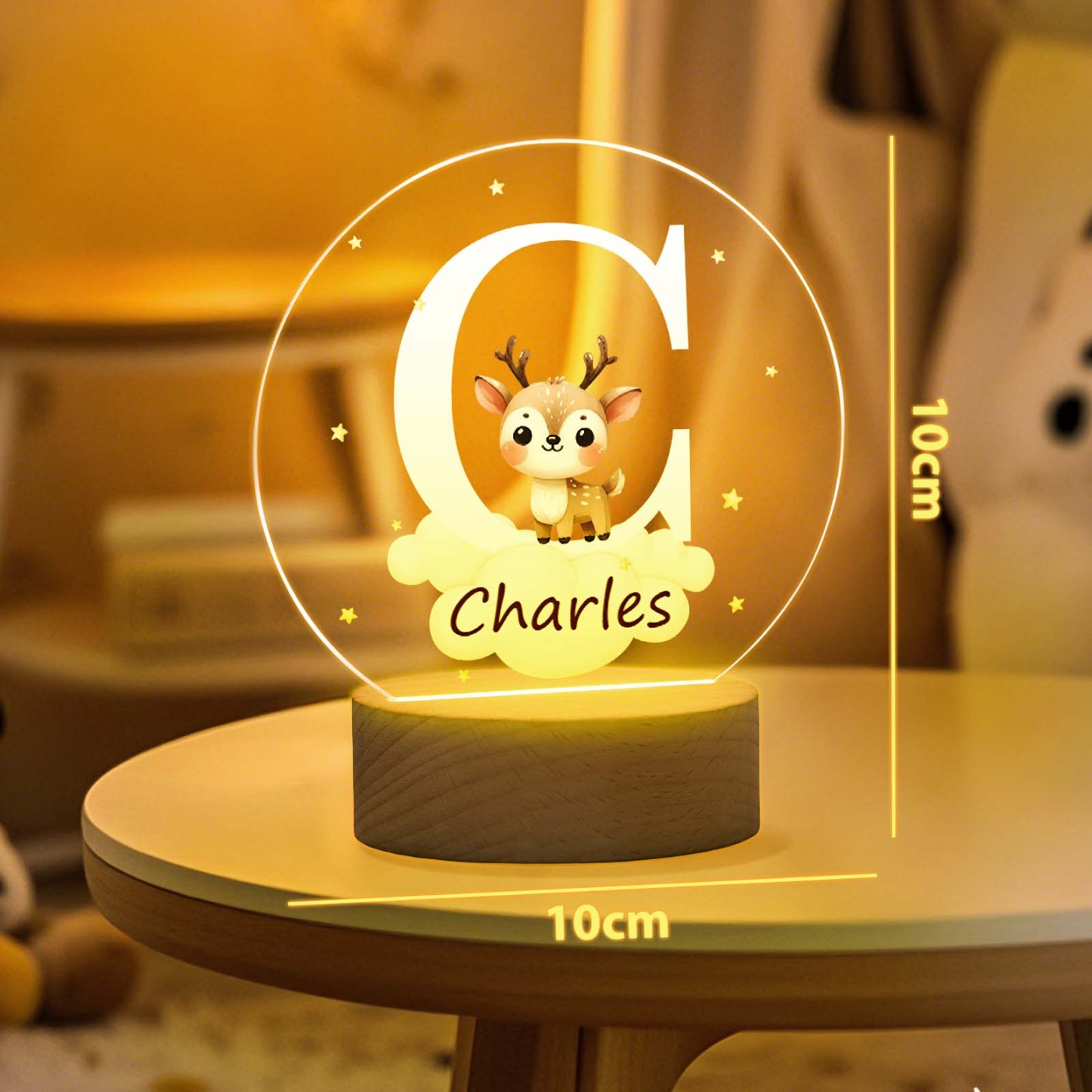 Personalized Fantasy Star Cloud Cute Forest Animal Initial Name LED Night Light with Wooden Base Nursery Decor Birthday Baby Shower Gift for Kids - photomoonlampau